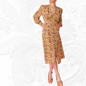 NWT Jayley Silk Blend Floral Midi Yellow and Purple Women's Dress
